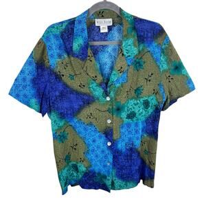 Miss Dorby Vintage Rayon Blue Green Short Sleeve Button Up‎ 14